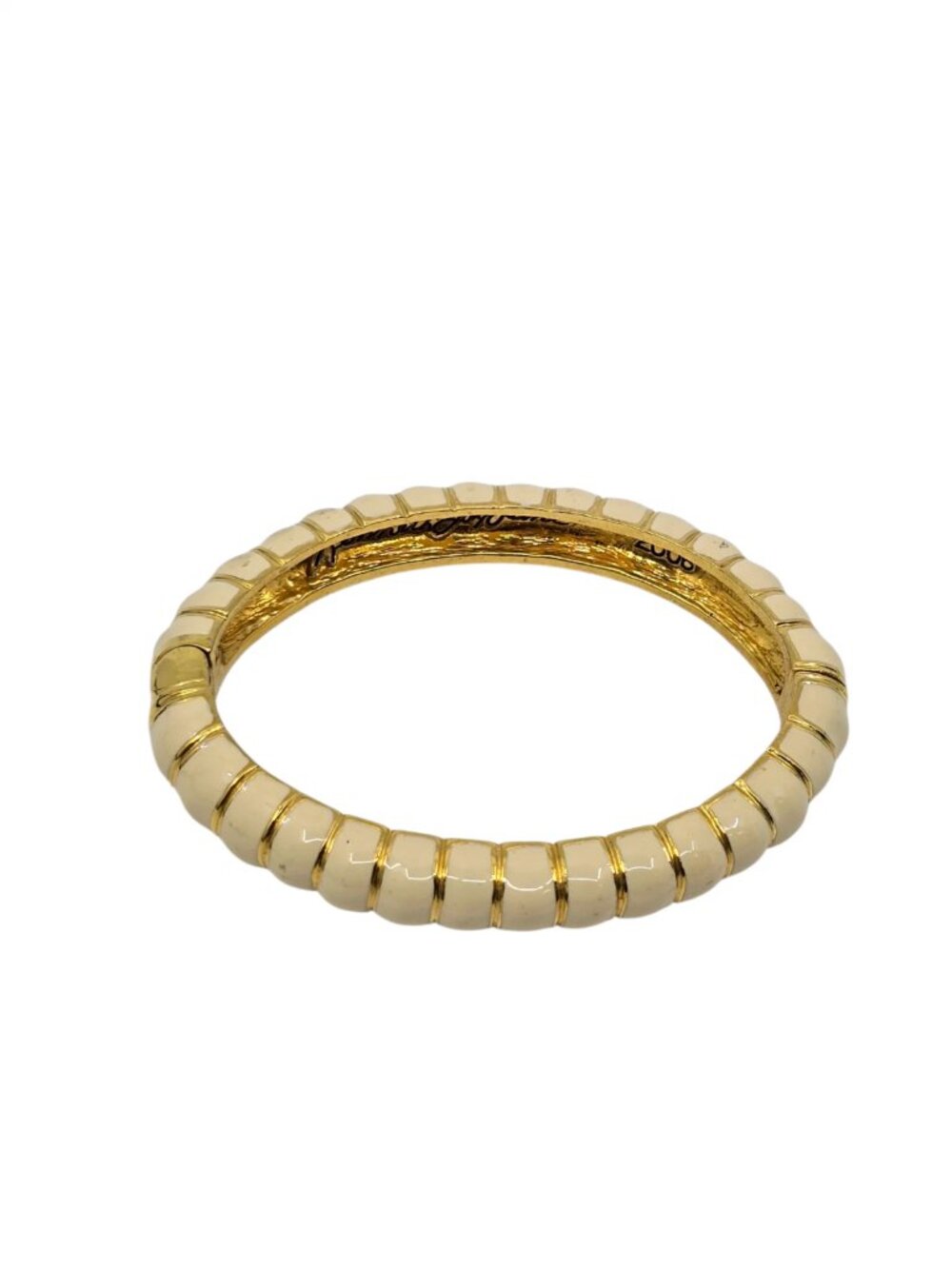 Kenneth Jay Lane KJL White Enamel Gold Tone Hinged Cuff Bracelet